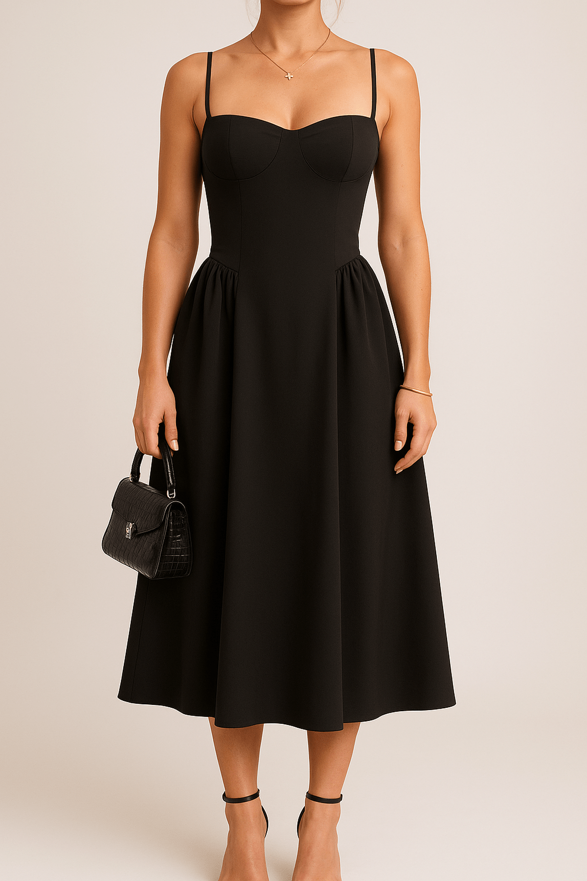 Isabella | Women’s Black Pleated Skater Midaxi Dress3