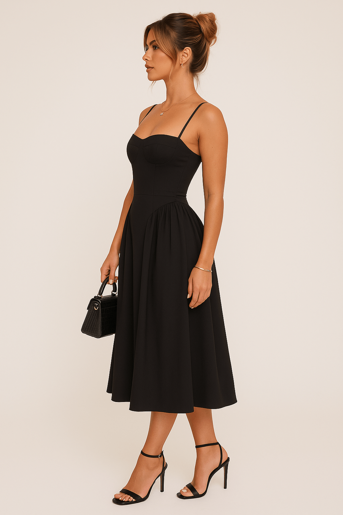 Isabella | Women’s Black Pleated Skater Midaxi Dress4