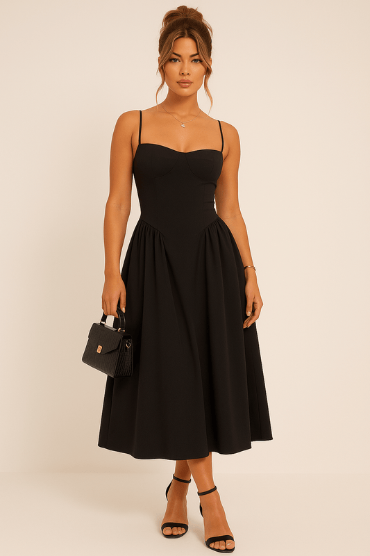 Isabella | Women’s Black Pleated Skater Midaxi Dress