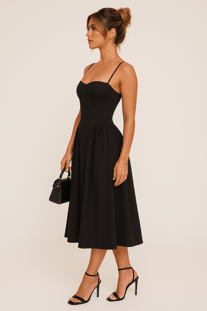 Isabella | Women’s Black Pleated Skater Midaxi Dress4